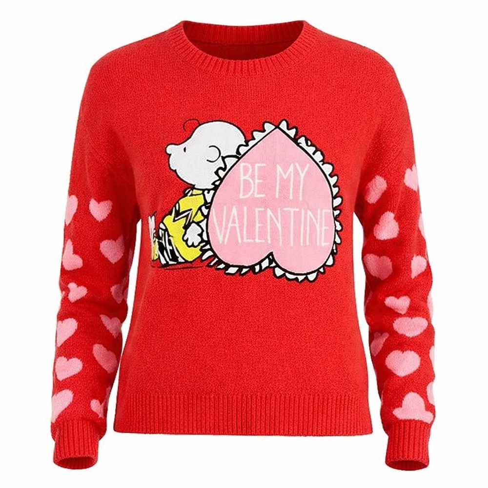 NWT Peanuts Charlie Brown Valentine’s Sweater Small Red Pink Hearts Embroidered